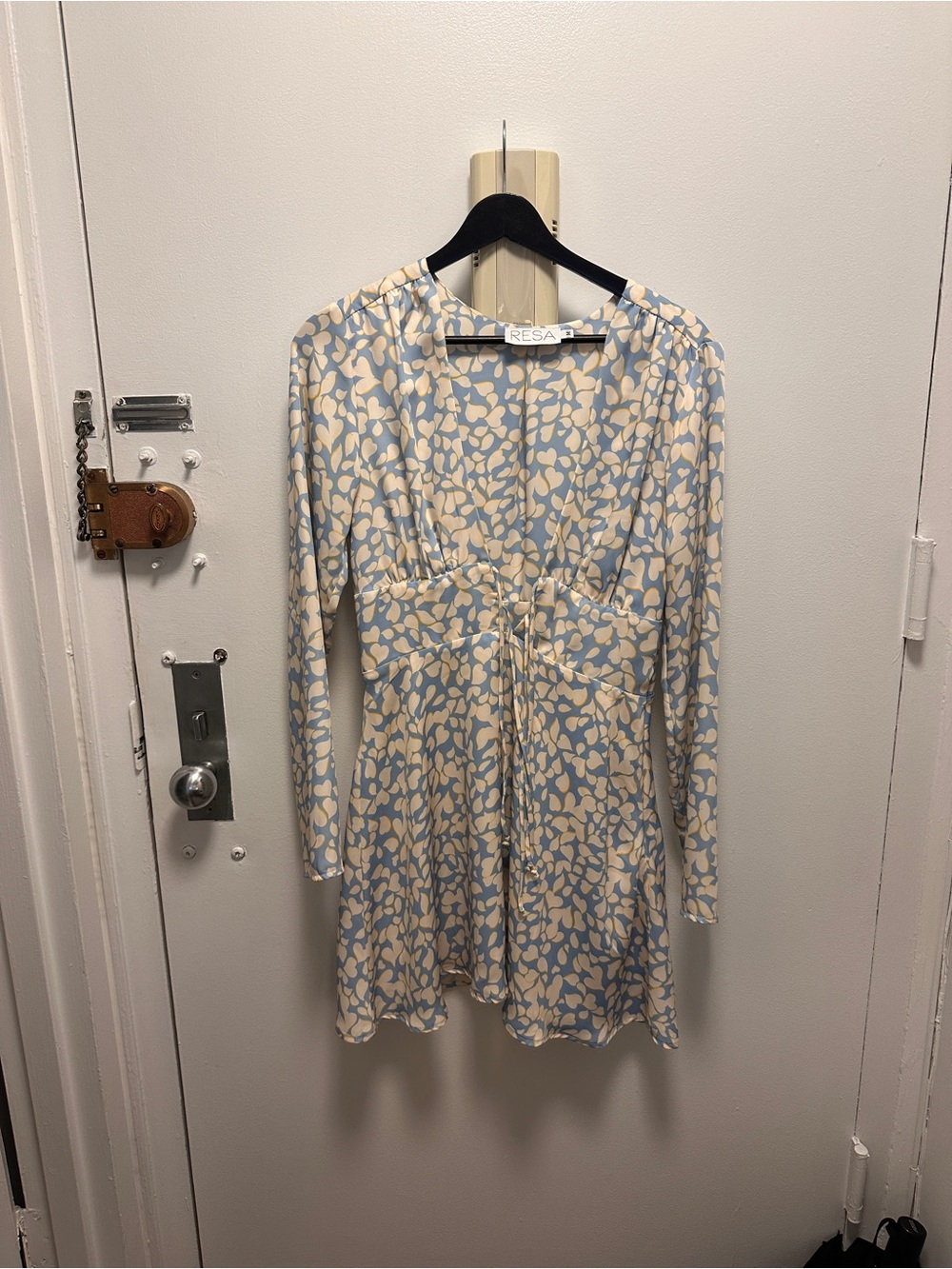 RESA Beige and Light Blue Abstract Tie-Front Long Sleeve Dress